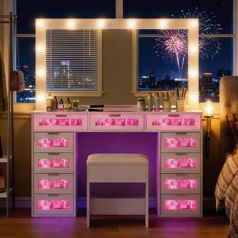 Luxury Makeup Vanity with 11 Drawers amp RGB Lights, Large Vanity Table with Padded Stool amp 11 LED Bulbs, Vanity Desk with Po