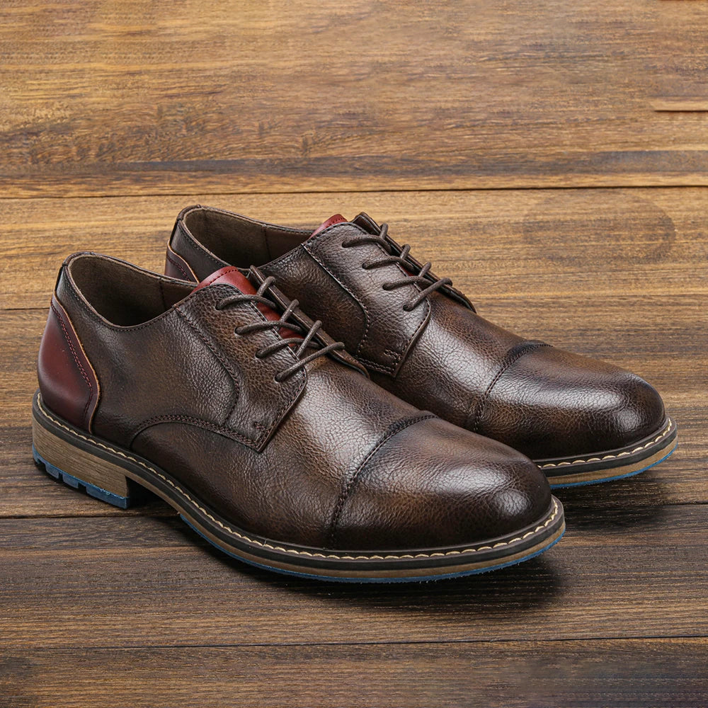 Men's Casual Leather Shoes Cap Toe Derby Lace-up Business Formal Dress Shoes Retro British Style Office Wedding Footwear