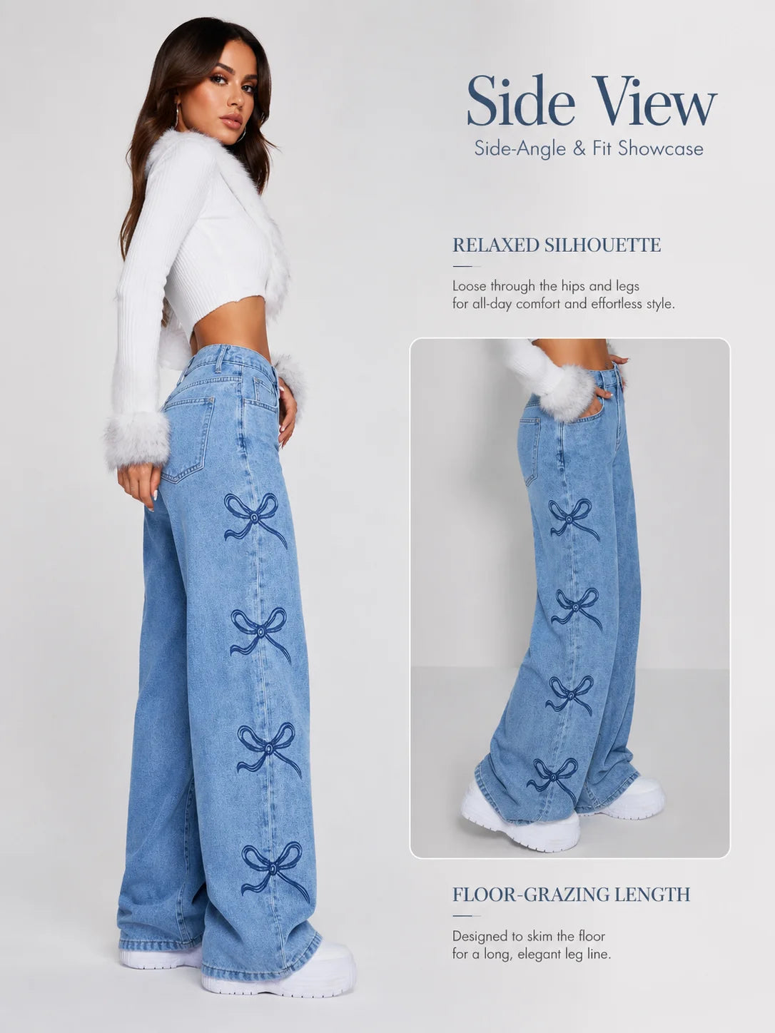 Y2K Bow Embroidery Wide Leg Jeans for Women, High Rise Vintage Light Wash Baggy Denim Trousers Trendy Casual Streetwear Daily Pants