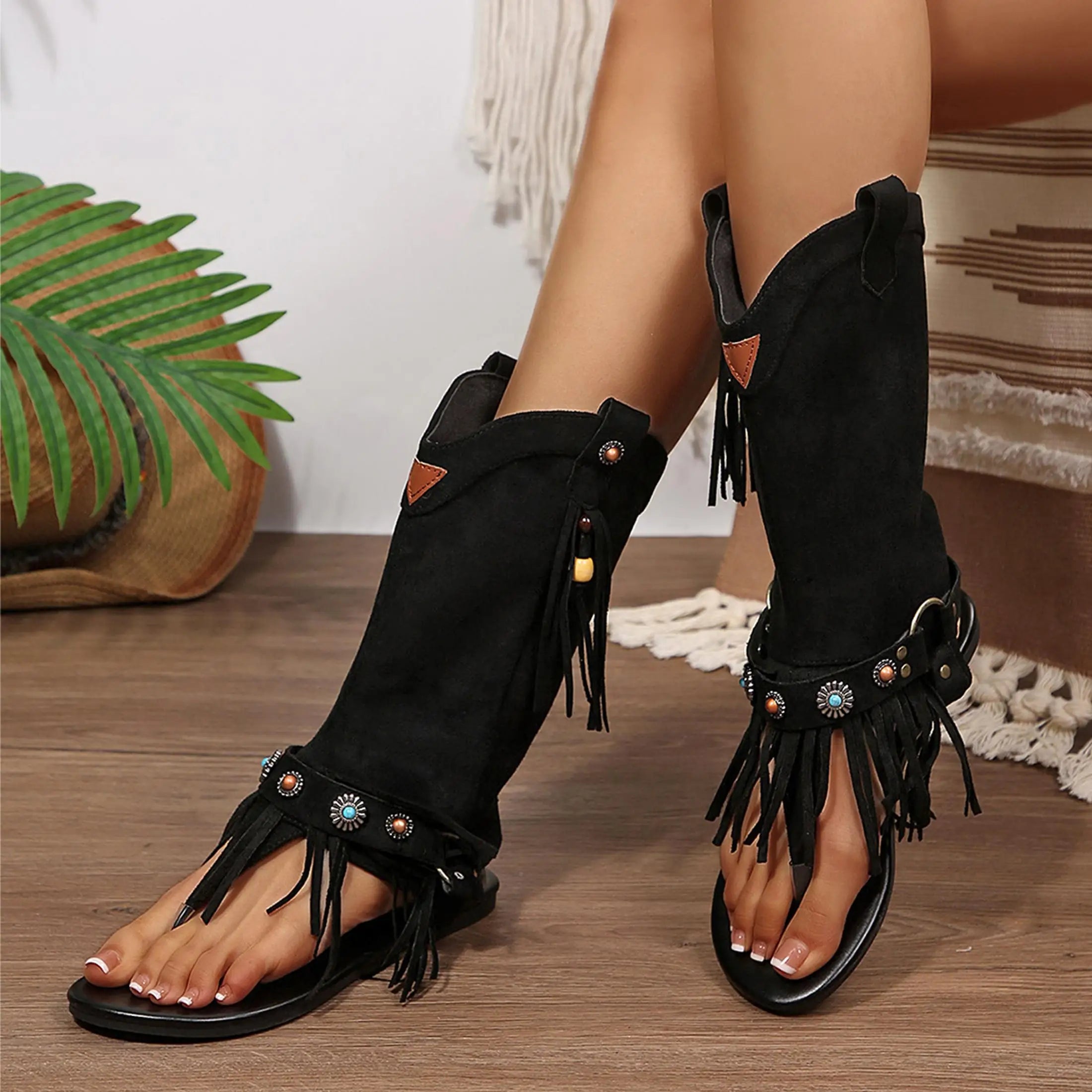 Flip Flops Sandals Fringes Thong Flats Shoes For Women Suede Tassels Womens Retro Casual Tassel Sandals