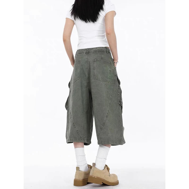 ZHIZOU Summer Women American Retro Green Cargo Jeans Shorts Y2K 2000s Harajuku Denim Calf-Length Pants Streetwear High Street