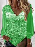 New Shiny Sequin Patchwork Office Loose Blouse Summer Autumn Long Sleeve Solid Women Shirt Casual V-neck Lady Top Pullover
