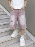 Men Vintage Baggy Distressed Denim Shorts Gradient Wash Ripped Straight High Street Trendy Casual Cargo Summer Jeans Short