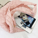 Women Large Capacity Quilted Tote Bag Winter Warm Lightweight Down Cotton Padded Plaid Shoulder Bags Underarm Bags Puffy Handbag