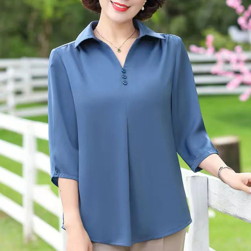 1pcs Woman Summer Solid Blouses Shirt Lady Thin Pullover Shirt Female Casual Half Sleeve Turn-down Collar Loose Top Mom Clothing