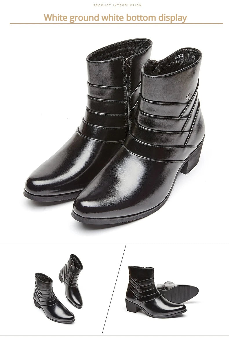 Luxury Men Boots Leather Chelsea Boots High Top Buckle Strap Formal Shoes Black British Style Ankle Boots Pointed Toe Brown Boot
