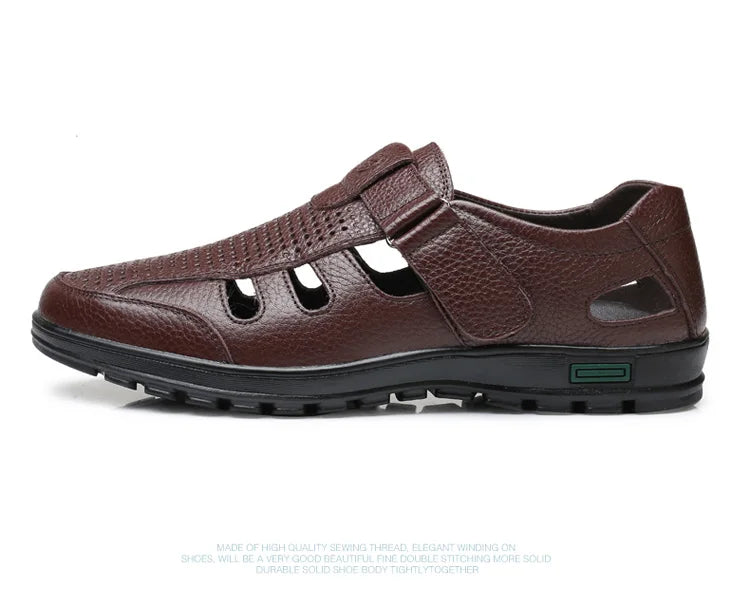 Men's Genuine Leather Sandals Men Summer Hollow Breathable Leather Shoes Mens Casual Soft Comfortable Flats EU Sizes 38-48