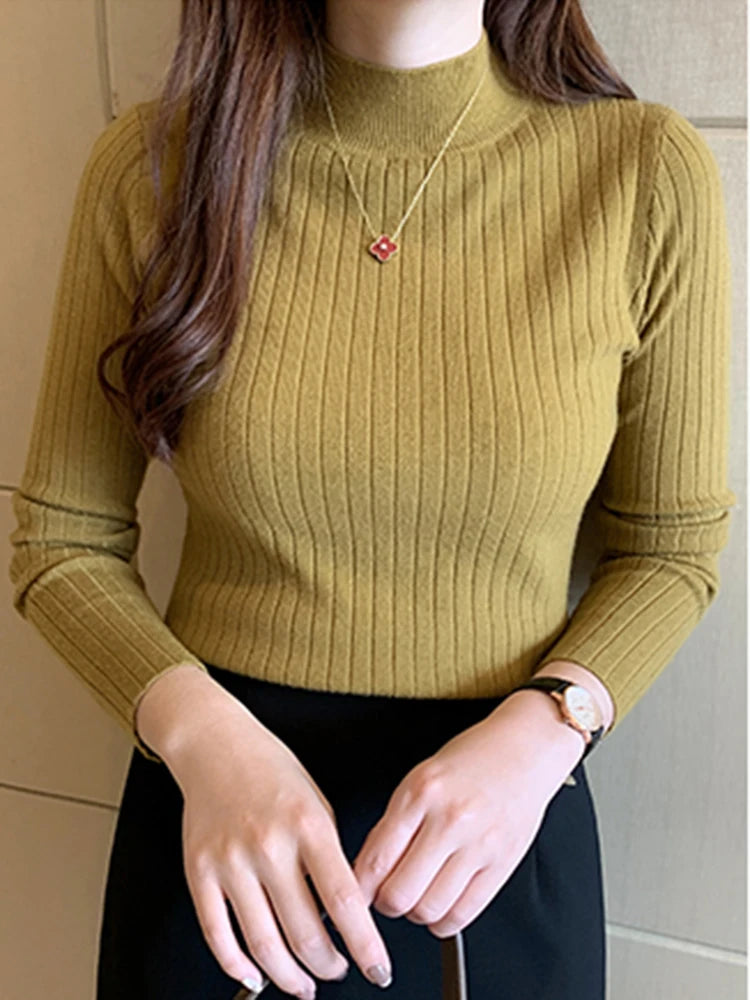 2026 New Autumn Winter Knitted Ribbed Jumper Tops Women Turtleneck Pullovers Sweaters Long Sleeve Korean Slim-fit Female Sweater