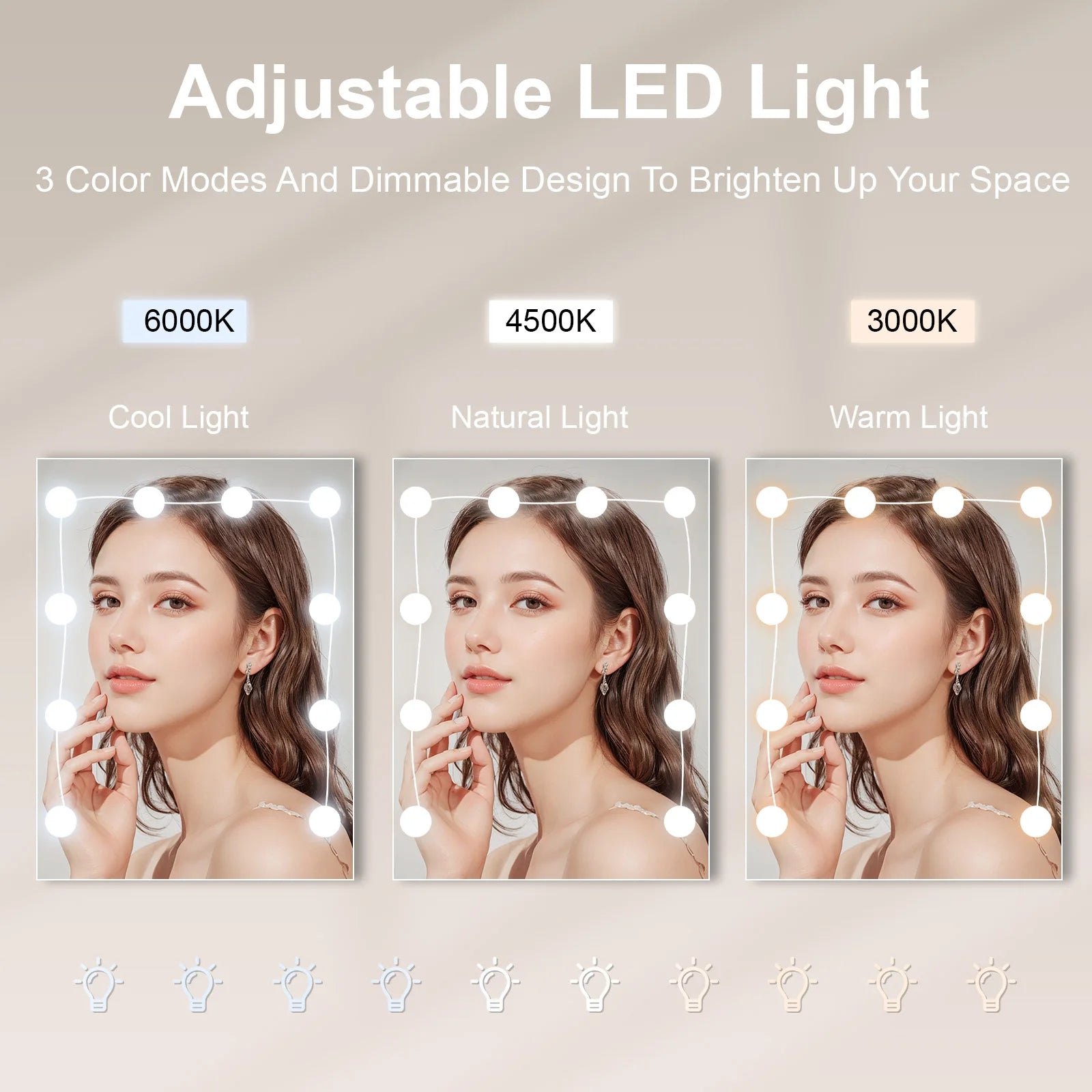 Modern White Dressing Table Stool Set with 3-Color Adjustable LED Light Mirror 4 Drawers For Bedroom Living Room Vanity Table