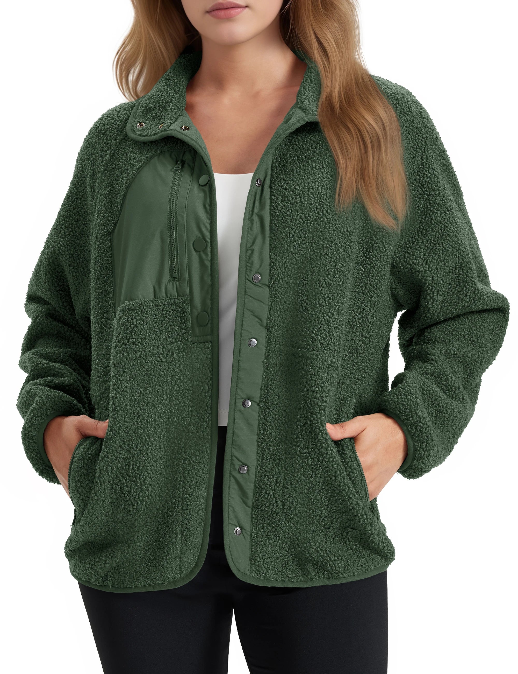 TACVASEN Fuzzy Button Down Sherpa Fleece Jacket Women's Winter Warm Coat Casual Outwear Jacket with Pockets Streetwear Outwear