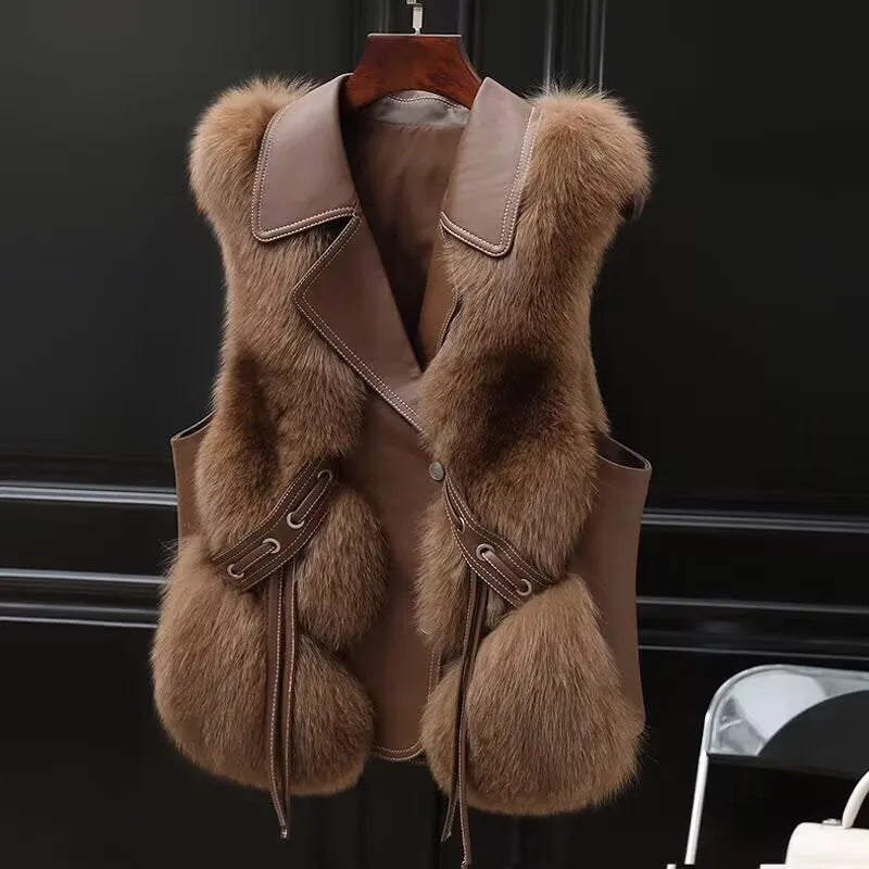 Faux Fur Plush Vests Women Loose Sleeveless Waistcoats Female 2024 New Autumn Winter Fashion Outwears Lady PU Leather Fur Vest