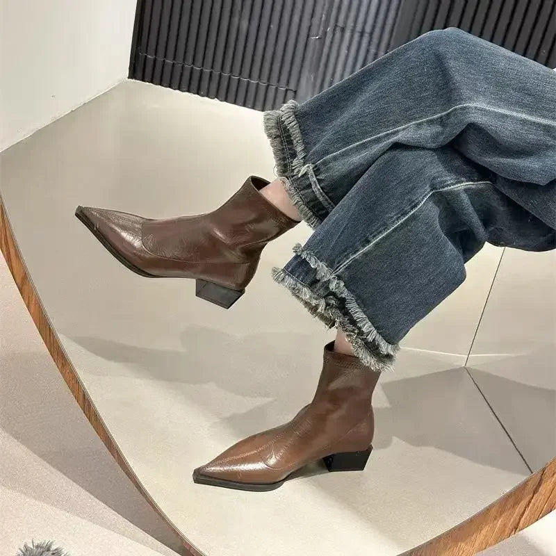 Pointed Toe Women Slim Ankle Boots Fashion Square Low Heel Ladies Elegant Back Zippers Short Booties Women's Footwear