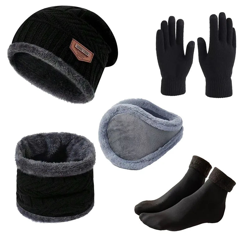Winter Warm Hat Set Men's and Ear Protectors with Knitted Hats Gloves Neck Hoods Anti Slip Socks Five Piece Set