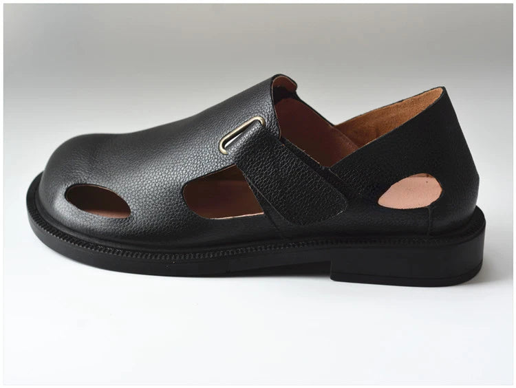 Summer Men's Shoes Flat Full Real Leather Sandal Cowhide Black Casual Old-fashioned Retro Outdoor Men's Sandals Old Man