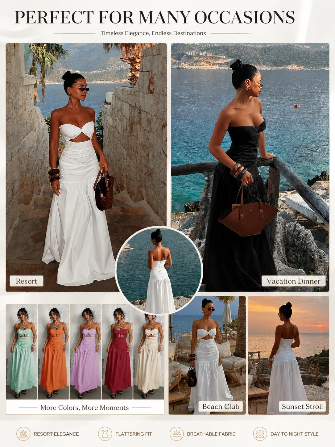 Women Strapless Twist Cutout Maxi Dress Ruched Waist Flowy A Line Long Tube Top Dress Summer Beach Vacation Casual Sundress