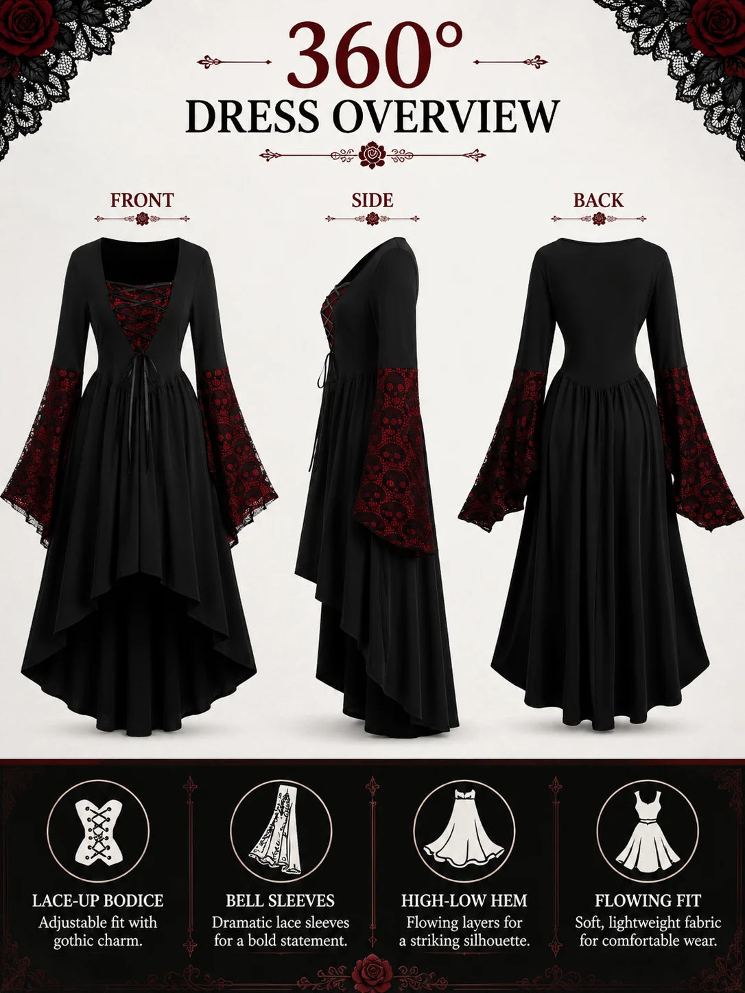 Women Gothic Medieval Dress Skull Lace Bell Long Sleeve Lace Up Front High Low Midi Dress Vintage Renaissance Witch Costume Halloween Cosplay Party Dress