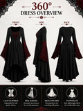 Women Gothic Medieval Dress Skull Lace Bell Long Sleeve Lace Up Front High Low Midi Dress Vintage Renaissance Witch Costume Halloween Cosplay Party Dress