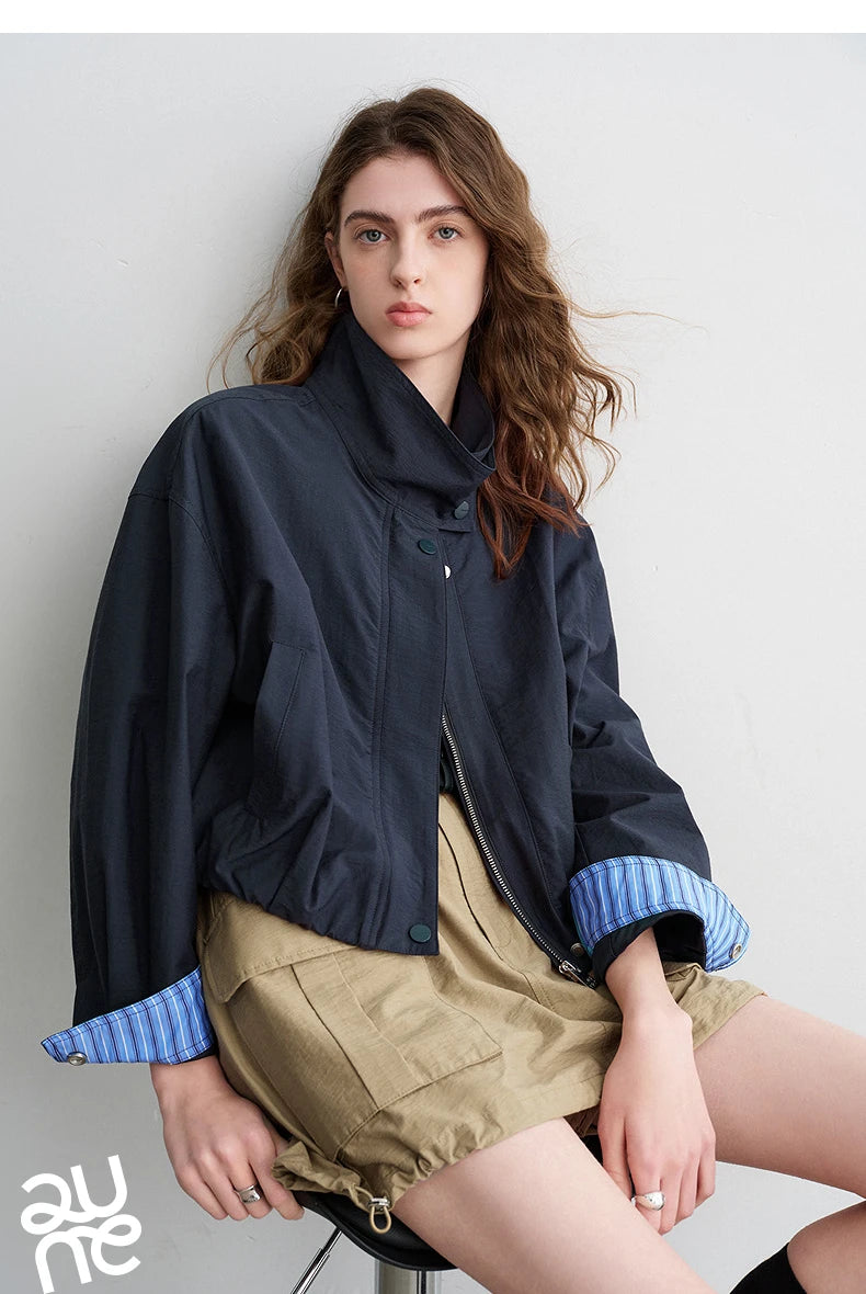 TOYOUTH Women Slub Cotton Jackets 2026 Spring New Cropped Tulip Silhouette Striped Cuff - Turn Up Stand Collar Tops