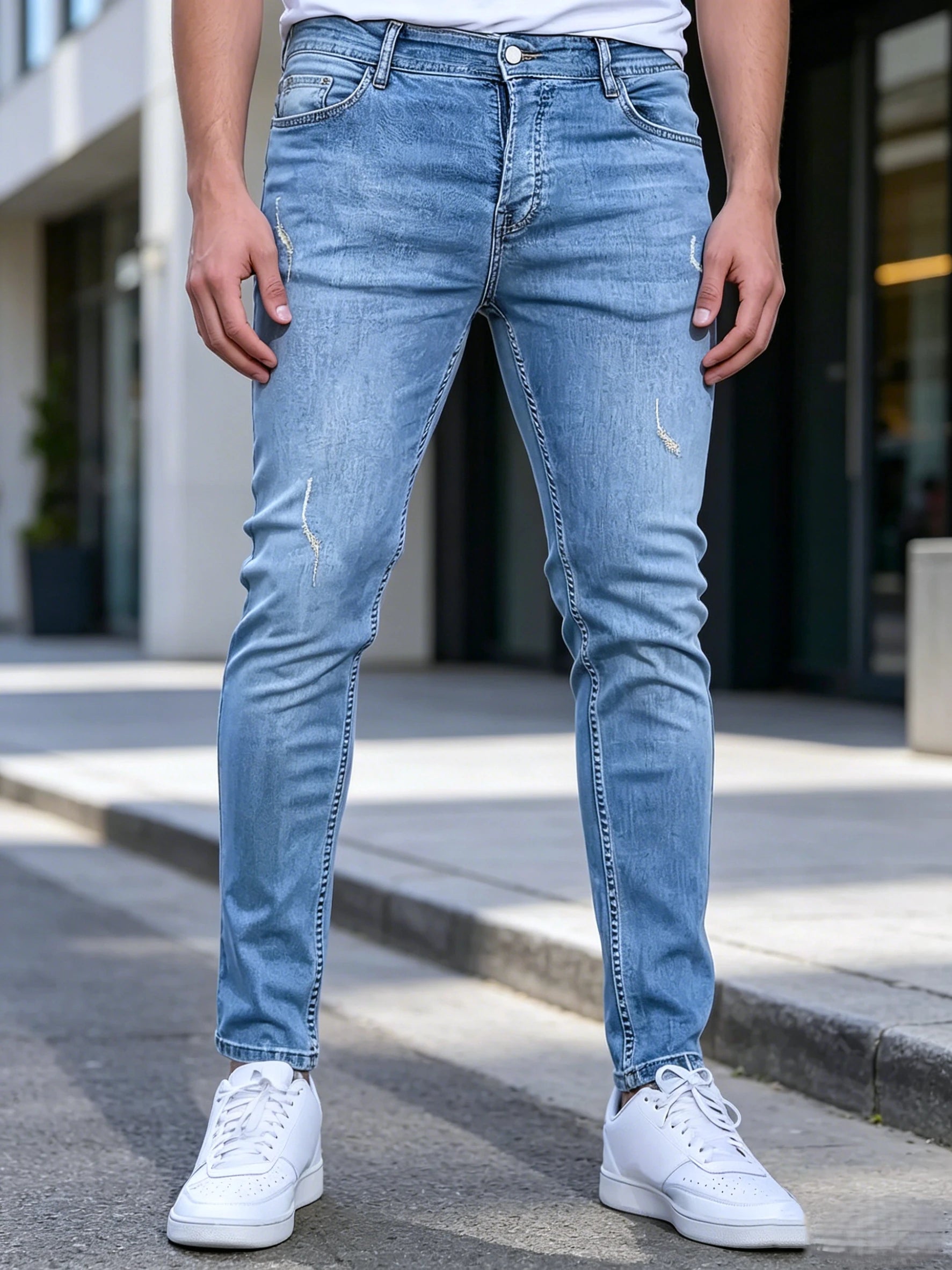 Slim Fit Jeans Men Sky Blue Fine Distressed Hole Design Jeans Versatile Mid Waist All Season Pants Urban Daily Matching Casual Long Trousers
