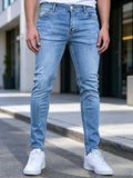 Slim Fit Jeans Men Sky Blue Fine Distressed Hole Design Jeans Versatile Mid Waist All Season Pants Urban Daily Matching Casual Long Trousers