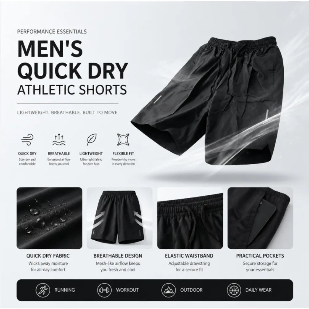 One Size Men Polyester Quick Dry Athletic Shorts Elastic Drawstring Zipper Pockets Jogging Workout Running Sport Shorts