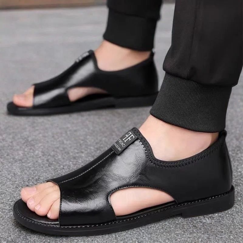 New Style Perforated, Breathable and Anti-Slip Outerwear Casual Leather Slip-On Sandals for Men Size 48 Large Size