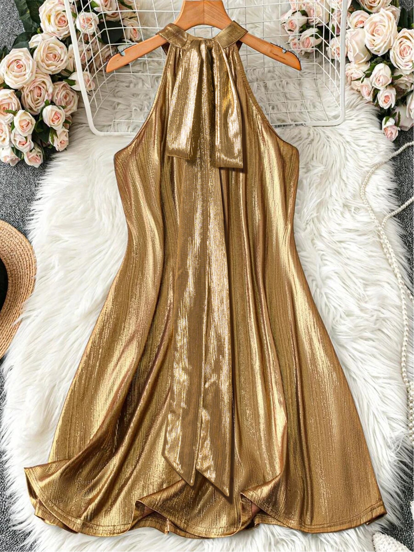 Women Metallic Gold Halter Mini Dress Sleeveless Shiny Liquid Fabric A Line Short Dresses 2026 Summer Elegant Cocktail Club Party Vacation Vestidos