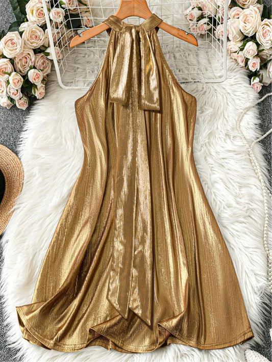 Women Metallic Gold Halter Mini Dress Sleeveless Shiny Liquid Fabric A Line Short Dresses 2026 Summer Elegant Cocktail Club Party Vacation Vestidos