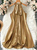 Women Metallic Gold Halter Mini Dress Sleeveless Shiny Liquid Fabric A Line Short Dresses 2026 Summer Elegant Cocktail Club Party Vacation Vestidos