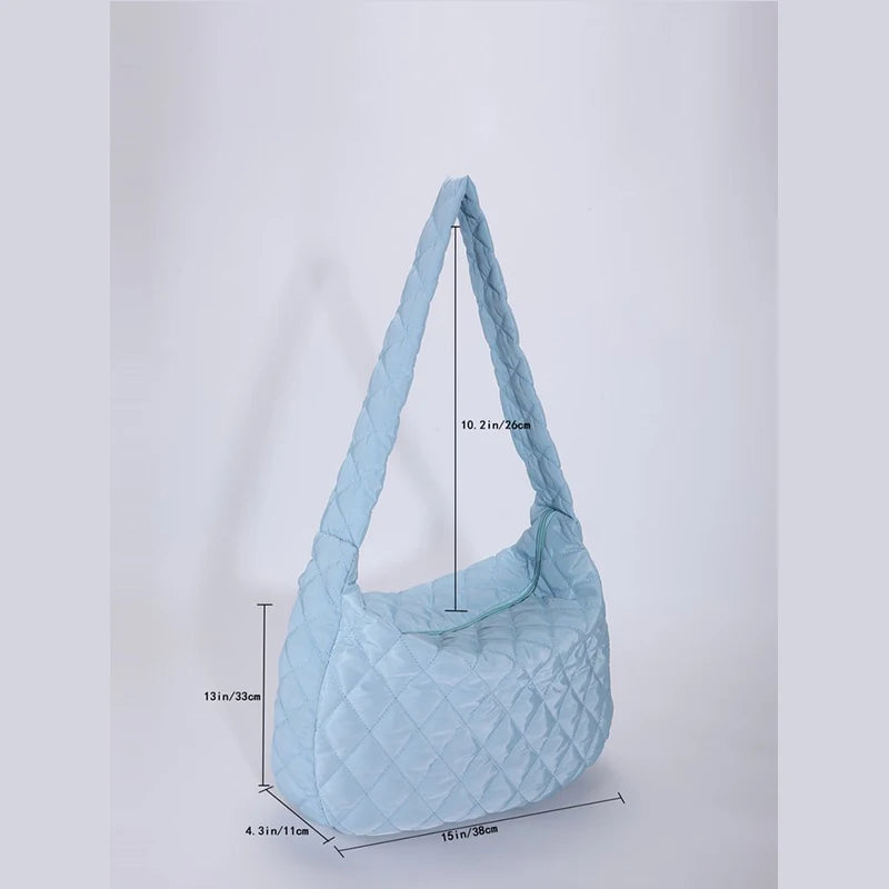 Women Large Capacity Quilted Tote Bag Winter Warm Lightweight Down Cotton Padded Plaid Shoulder Bags Underarm Bags Puffy Handbag