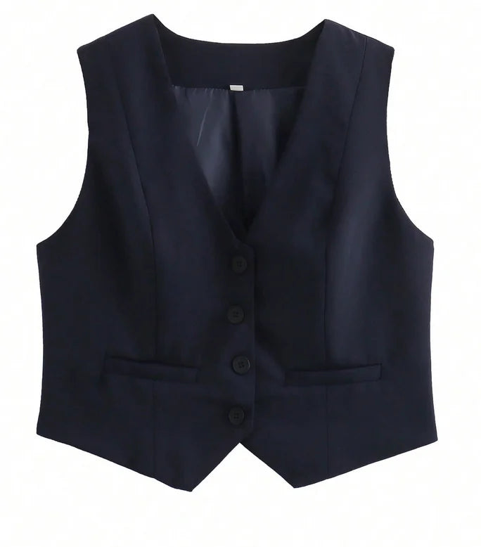 HH Women Casual V-Neck Sleeveless Waistcoat Elegant Fashion Solid Single-breasted Short Vest Chic Tops Female Summer Outerwear