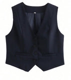 HH Women Casual V-Neck Sleeveless Waistcoat Elegant Fashion Solid Single-breasted Short Vest Chic Tops Female Summer Outerwear