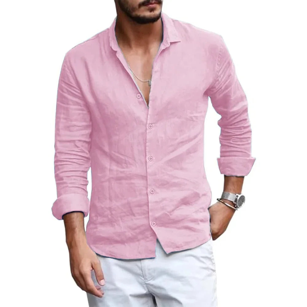 Summer Lightweight Breathable Men Shirt Long Sleeved Cotton and Linen Shirts Men Cardigan Tops Lapel Collar Men Beach Clothing