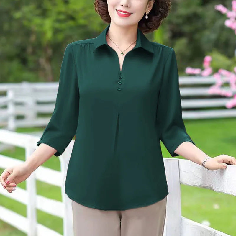 1pcs Woman Summer Solid Blouses Shirt Lady Thin Pullover Shirt Female Casual Half Sleeve Turn-down Collar Loose Top Mom Clothing