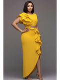 Women's Round Neck Ruffle Decor Split Maxi Bodycon Dress For Wedding Guest Banquet Evening Party Formal Fashion Occasions