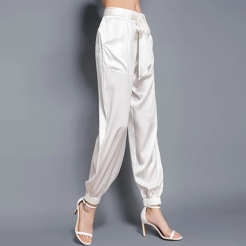 Birdsky, 1PC Women trousers bloomers pants pant bow belt high waist 19MM 95% real mulberry silk 5% spandex 3 colors, S-930