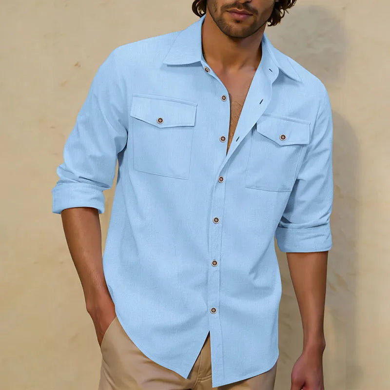 2026 New Men's Long Sleeve Casual Shirt Double Chest Pocket Button Up Soft Loose Linen Comfy Daily Work Street Outdoor Wear Tops
