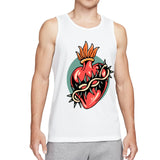Retro Flaming Praying Hands Tank Top, Vintage Gothic Fire Graphic Sleeveless Tee, Old School Tattoo Style Streetwear Vest for Men