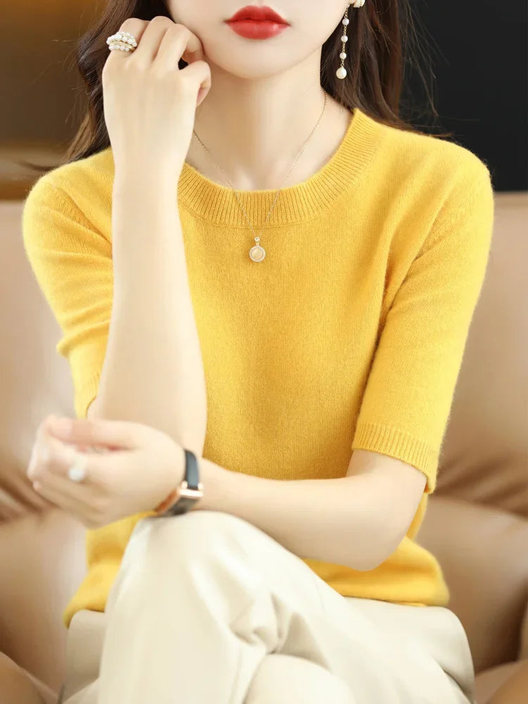 Spring Autumn Women Sweaters Short Sleeves O-neck Bottoming Shirts Knitwear 2026 Summer Knit Tops Pullovers Korean Jumpers