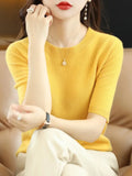 Spring Autumn Women Sweaters Short Sleeves O-neck Bottoming Shirts Knitwear 2026 Summer Knit Tops Pullovers Korean Jumpers