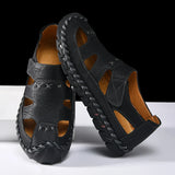 Outdoor Summer Man Sandals Stylish Leather Mens Beach Shoes Outdoor Men  Roman Flats Hollow Out Sandalias New Wading Aqua Shoes