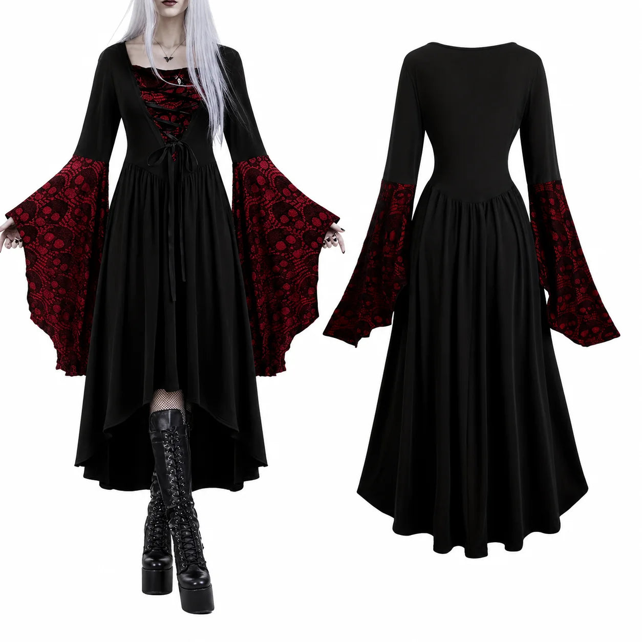 Women Gothic Medieval Dress Skull Lace Bell Long Sleeve Lace Up Front High Low Midi Dress Vintage Renaissance Witch Costume Halloween Cosplay Party Dress