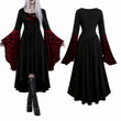 Women Gothic Medieval Dress Skull Lace Bell Long Sleeve Lace Up Front High Low Midi Dress Vintage Renaissance Witch Costume Halloween Cosplay Party Dress