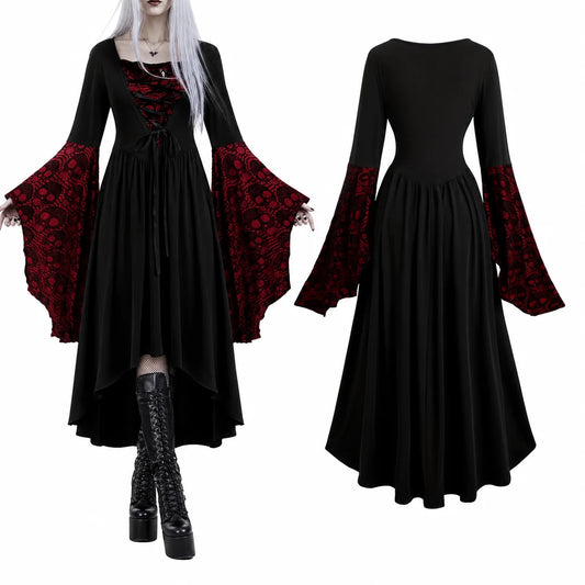 Women Gothic Medieval Dress Skull Lace Bell Long Sleeve Lace Up Front High Low Midi Dress Vintage Renaissance Witch Costume Halloween Cosplay Party Dress