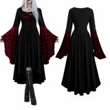 Women Gothic Medieval Dress Skull Lace Bell Long Sleeve Lace Up Front High Low Midi Dress Vintage Renaissance Witch Costume Halloween Cosplay Party Dress
