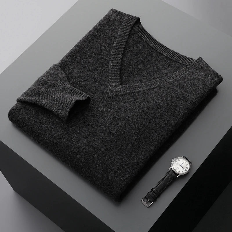 Autumn And Winter New Men's V-Neck Cashmere Loose Thickened Solid Color Wool Knitted Bottoming Shirt Business Casual Sweater