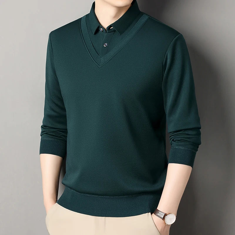 Men's Vintage Sweater Business Casual Pullover Slim Fit Fleece Lined Clothes Fake Two Pieces Knitted Sweaters