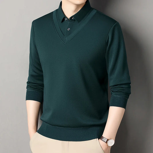 Men's Vintage Sweater Business Casual Pullover Slim Fit Fleece Lined Clothes Fake Two Pieces Knitted Sweaters
