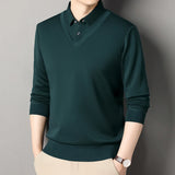 Men's Vintage Sweater Business Casual Pullover Slim Fit Fleece Lined Clothes Fake Two Pieces Knitted Sweaters