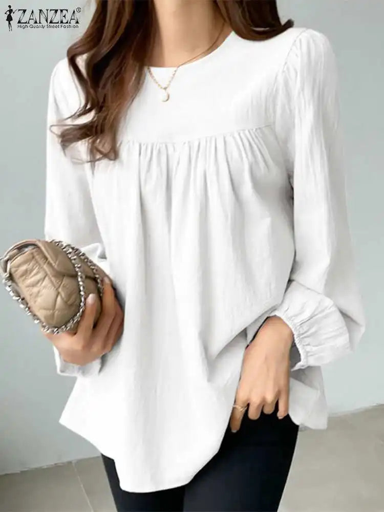 ZANZEA Elegant Solid Blouse Women Long Sleeve O Neck OL Work Shirt Spring Autumn Fashion Tunic Tops Blusas Female Loose Chemise